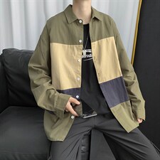 韩版长袖港风上衣衬衫男秋季休闲大码拼接撞三色外套W1393-P35，男装衬衫，星座512-4