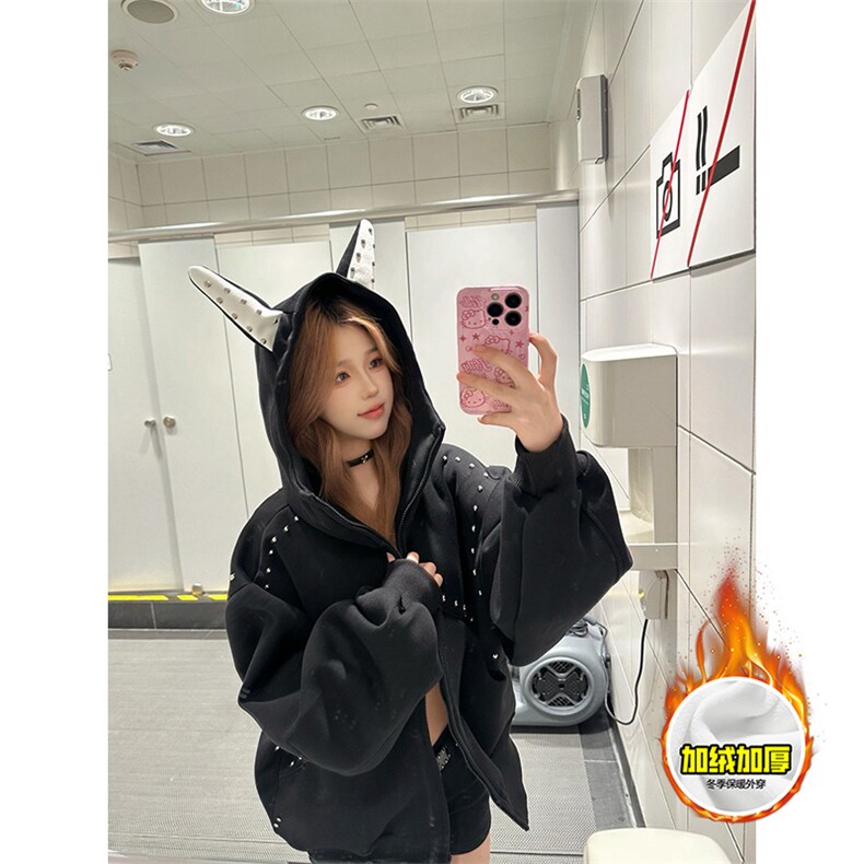 480G重磅加绒硬挺boxy男女美式高街卫衣铆钉杜宾犬耳朵开衫厚外套,女装短外套,电商A486-1