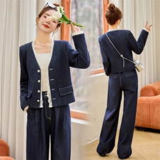 2025春季新款韩系高级感蕾丝拼接牛仔短外套高腰阔腿裤两件套装女，女装套装/套裙，伊仟回