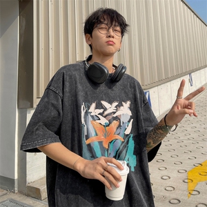 ！2025夏季新款男士纯棉宽松情侣水洗短袖印花半袖XT146P35图片