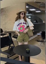 夏季新款韩版洋气字母太阳花蕾丝大版T恤，女装T恤，L·H·X