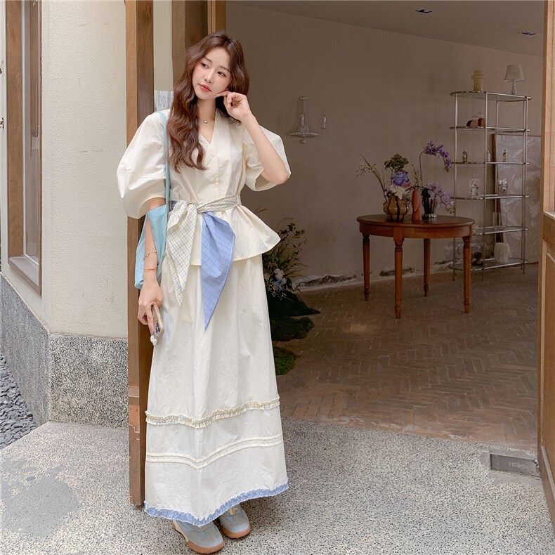 法式小清新撞色上衣半身裙套装女2025夏季新款气质收腰显瘦两件套图片