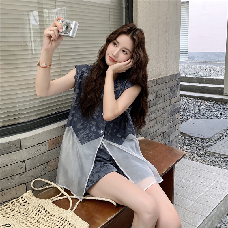 撞色拼接无袖马甲上衣短裤两件套女2025夏新款韩系设计感小众套装,女装套装/套裙,2C057