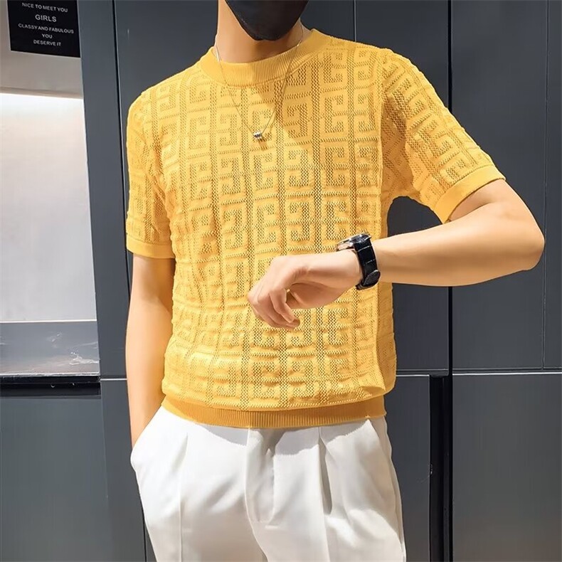 夏季提花镂空冰丝短袖T恤男修身圆领冰爽丝纯色针织半袖M864,男装T恤,星座1116A-2（原606A-1）