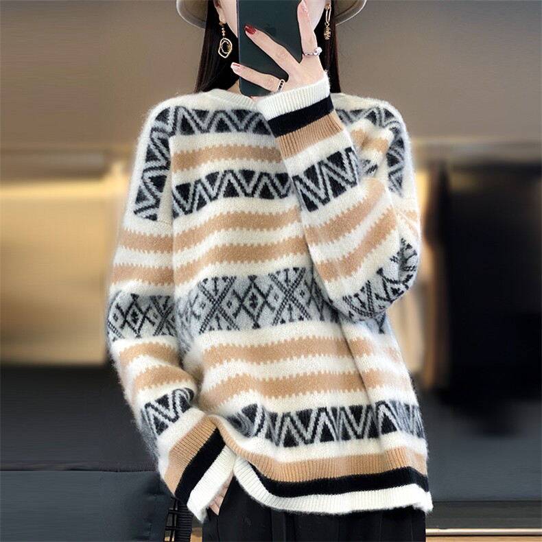 2025秋冬新款圆领100%纯羊毛衫女士宽松拼色羊绒衫提花毛衣打底衫,女装羊毛衫,美雪羊绒