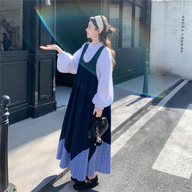 现货新款格子拼接牛仔学院风背带裙套装2C282-210P185K298,女装套装/套裙,2C282