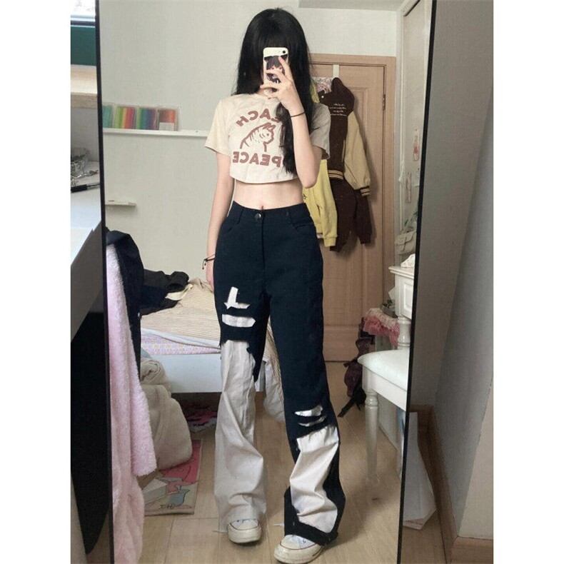KN7026HH-特P47 美式高街vibe撞色拼接牛仔裤男女小众设计感图片