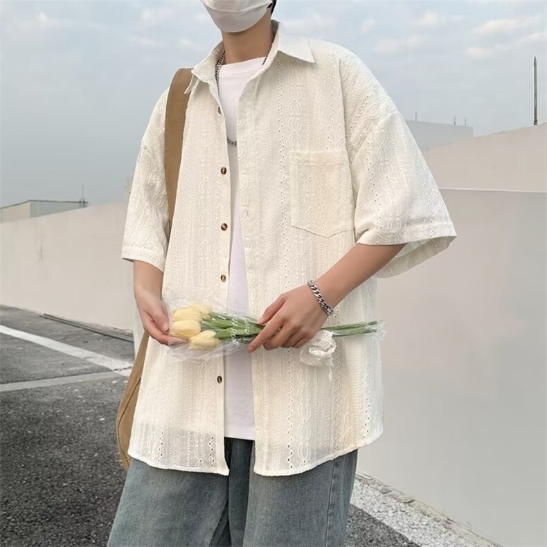 日系五分袖春夏季新款衬衫潮流慵懒男方领宽松型衬衫HC91P35,男装衬衫,星座1116-2