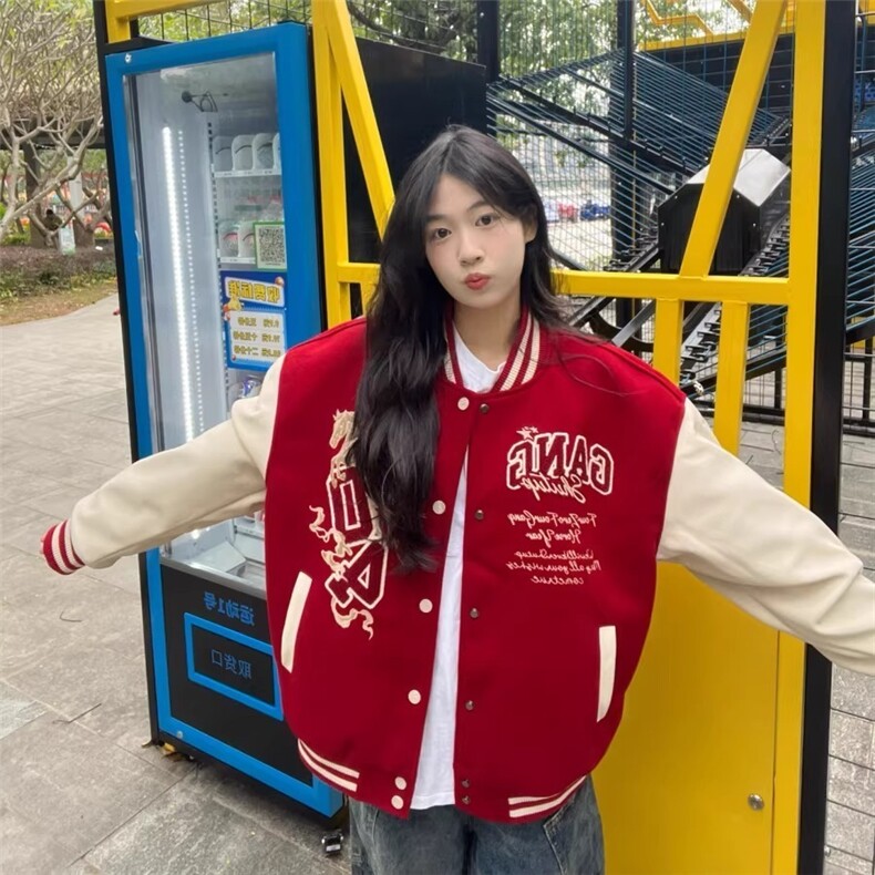 美式高街重工刺绣马年夹克棒球服女2026夹棉加厚宽松情侣红色外套,男装夹克,星座715-4