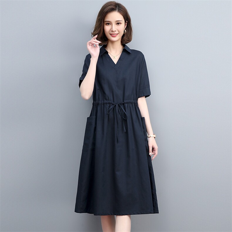 夏季棉麻中长连衣裙V领宽松显瘦系带真口袋咖啡中年妈妈大码裙子,女装连衣裙,丽影随形