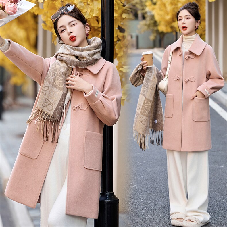 【现货】2024年冬季新款韩版翻领盘扣款修身气质显瘦毛呢大衣外套，女装毛呢外套，乐吉娜