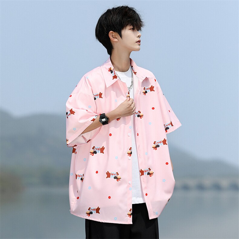 8XL-M腊肠狗花衬衫男短袖夏季冰丝薄款花衬衣寸衫外套DC28003P38,男装T恤,电商B312