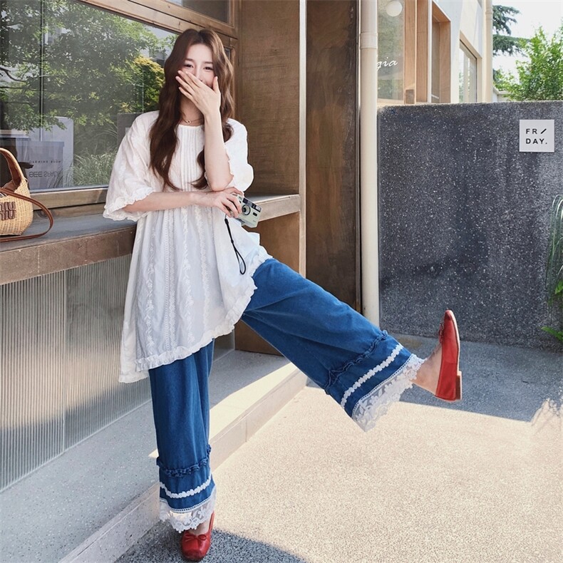 不规则刺绣碎花衬衫阔腿裤套装女夏2025新款超火绝美温柔风两件套,女装套装/套裙,浙宝217