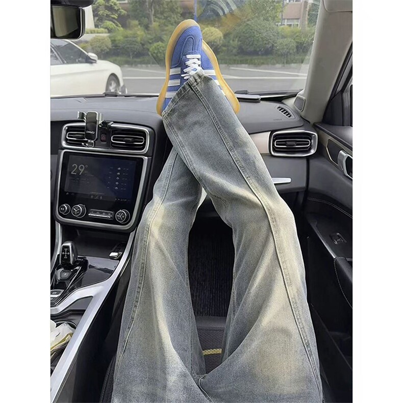 水洗拼接牛仔裤男春季新款美式高街设计感潮直筒微喇裤L21422-P45，男装牛仔裤，星座1008