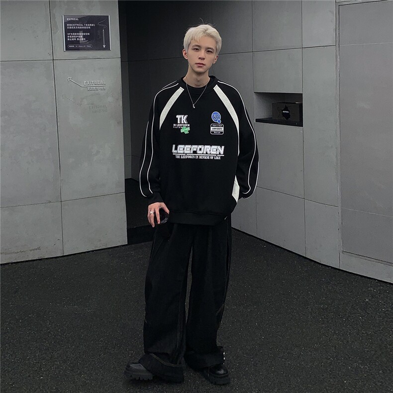 美式复古潮拼接撞色印花情侣男女秋冬圆领卫衣W82-P58,男装卫衣,电商C307A