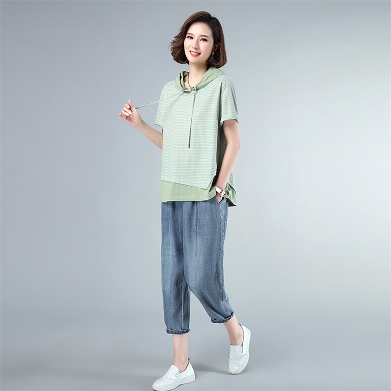 套装/套裙2021年夏季时尚连帽拼接色牛仔裤插袋两件套,女装套装/套裙,独衣靓