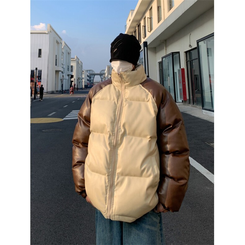 港风街景拼接撞色面包服时尚立领保暖皮棉服A247-MY520特批85，男装棉衣，电商A247