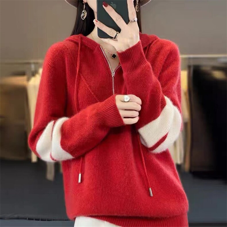 连帽衫女元宝针半拉链拼色卫衣宽松休闲羊毛针织打底衫,针织衫/毛衣,萱芳婷羊绒