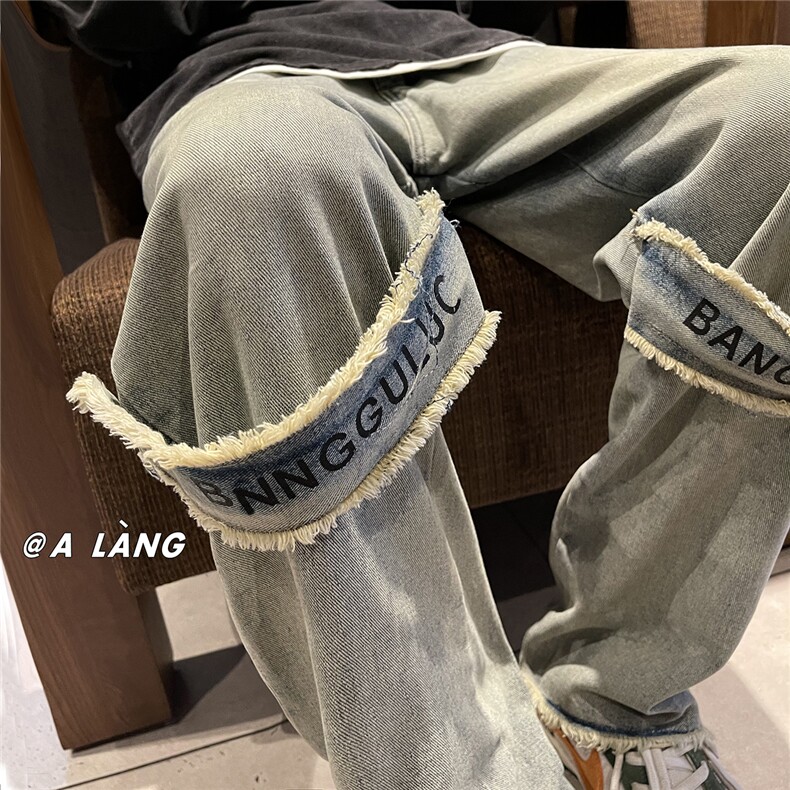 XZ612-K923-P55控68现货！秋款~字母装饰条毛边复古水洗牛仔裤,男装牛仔裤,星座612