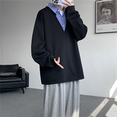M-8XL假两件格子拼接衬衫领卫衣特大码重磅长袖V领上衣WY5112/P55，男装衬衫，电商B238