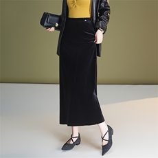 金丝绒直筒裙半身裙女秋冬季2025新款高腰开叉中长款修身包臀长裙，女装半身裙，艾米