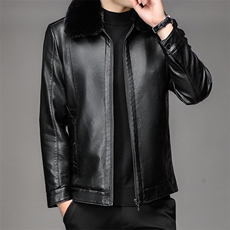 中年皮衣男加绒加厚爸爸装上衣冬季新款男士翻领纯色休闲外套，男装皮衣，电商B212（原钱塘6029）