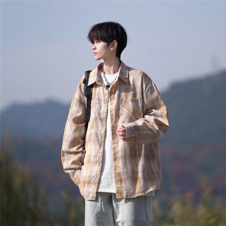 胖胖哥少年感格子长袖衬衫男2025新款秋季大码宽松日系休闲外套潮,男装衬衫,星座1210-1