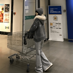 重磅北极绒座山雕毛衣外套冬美式复古休闲慵懒风大毛毛领针织开衫图片