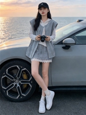 韩版时尚休闲裤裙套装女春款马甲外套连帽T恤蕾丝花边裤裙三件套，女装套装/套裙，江南