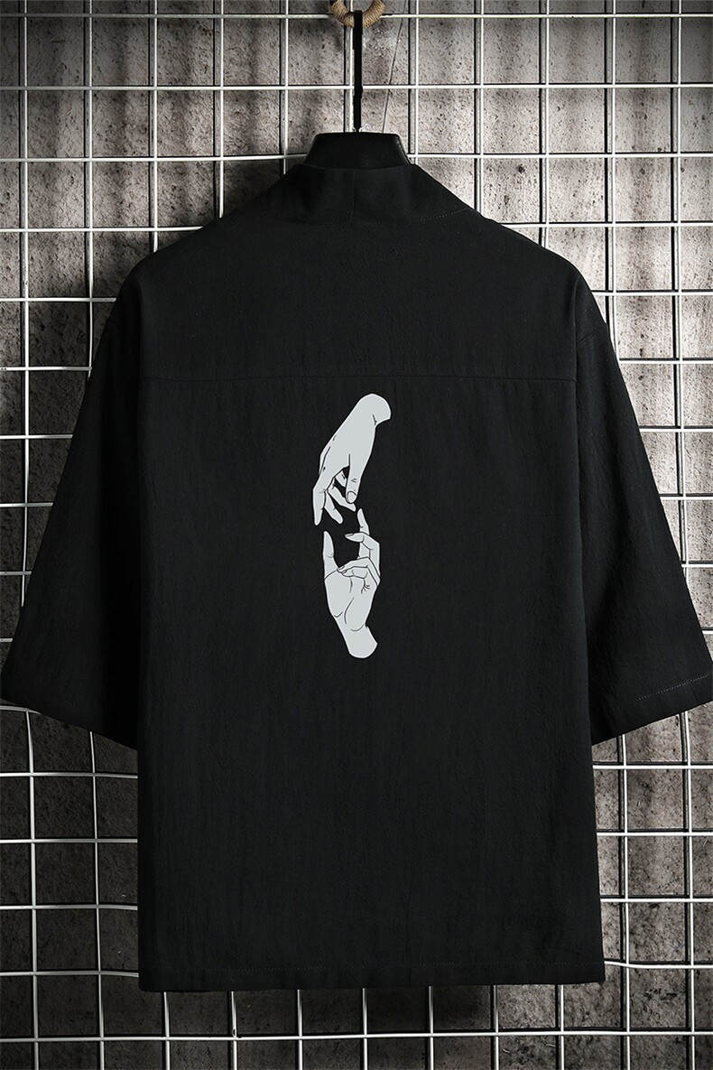 HF59147-P40风汉服男开衫外套七分袖道袍网格挂拍,男装民族服装,电商A040A