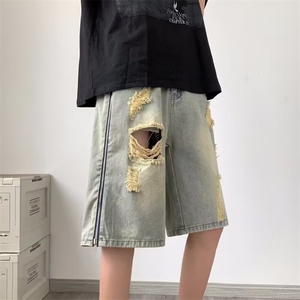 破洞牛仔短裤男潮牌宽松休闲复古美式大码乞丐五分裤夏季薄款中裤,男生紫色t恤怎么搭配图片