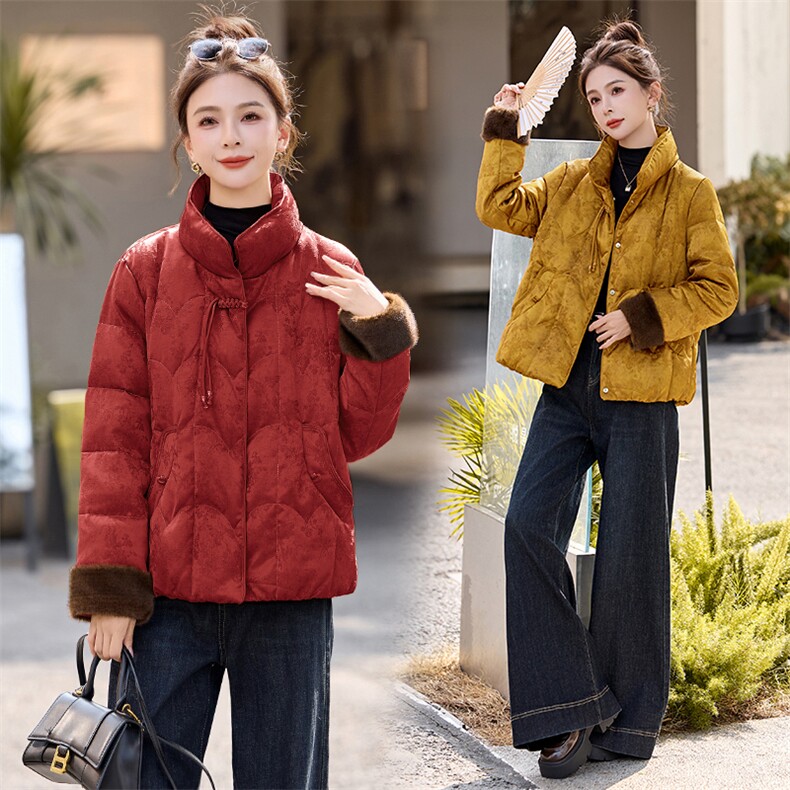 新中式G风提花短款羽绒服女2025冬季新款独特气质红色白鸭绒外套图片