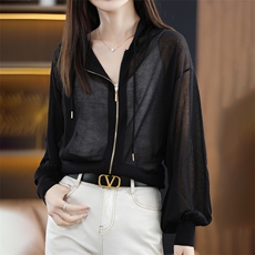 2025夏新款连帽冰丝拉链开衫女针织罩衫薄泡泡袖防晒开衫宽松外搭，女装防晒衣，丽特绒