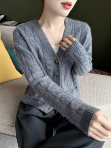 新款时尚百搭简约开衫V领纯色长袖针织羊绒衫女宽松显瘦上衣羊毛图片