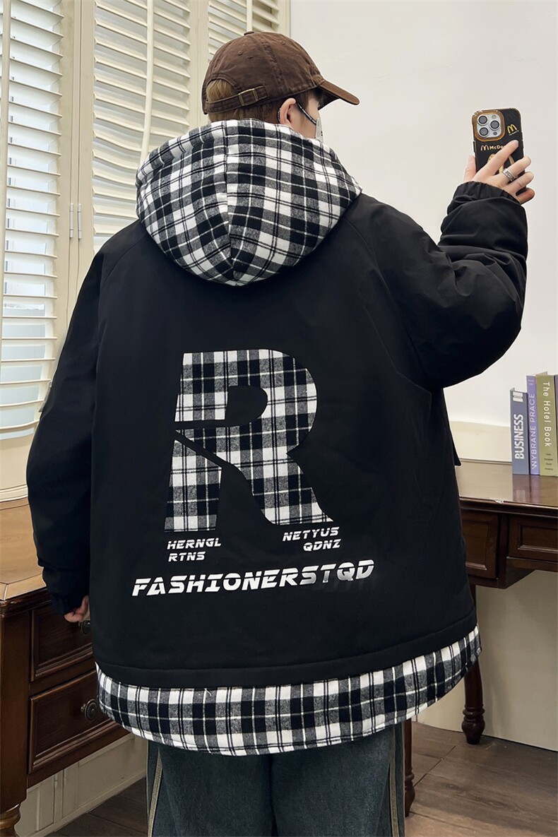 港风秋冬男士加绒加厚夹克男宽松时尚连帽假两件夹克外套J196-P90,男装夹克,星座310B-3
