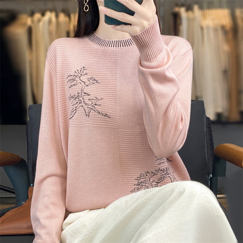 早秋时尚刺绣针织打底衫女2025新款秋季洋气大码女装上衣秋冬毛衣,针织衫/毛衣,大美人包芯纱店