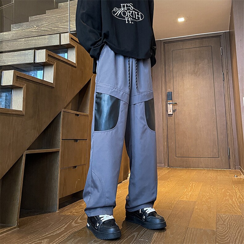 8XL-M春季拼接PU皮冲锋裤男特大码防风防水登山工装裤KZ016P53,男装休闲裤,电商B312