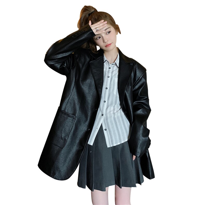 港风时尚高级感皮衣西装外套女2025春秋新款韩版宽松显瘦气质上衣,女装皮衣,2C110