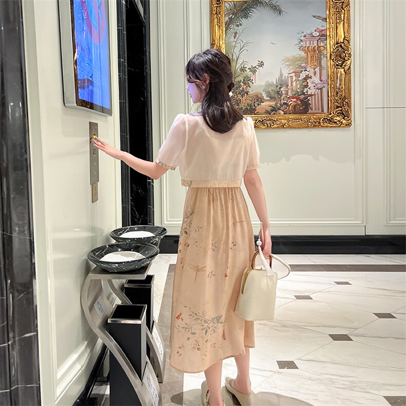 现货复古夏季短袖新款连衣裙两件套套裙,女装套装/套裙,凯芙莉服饰