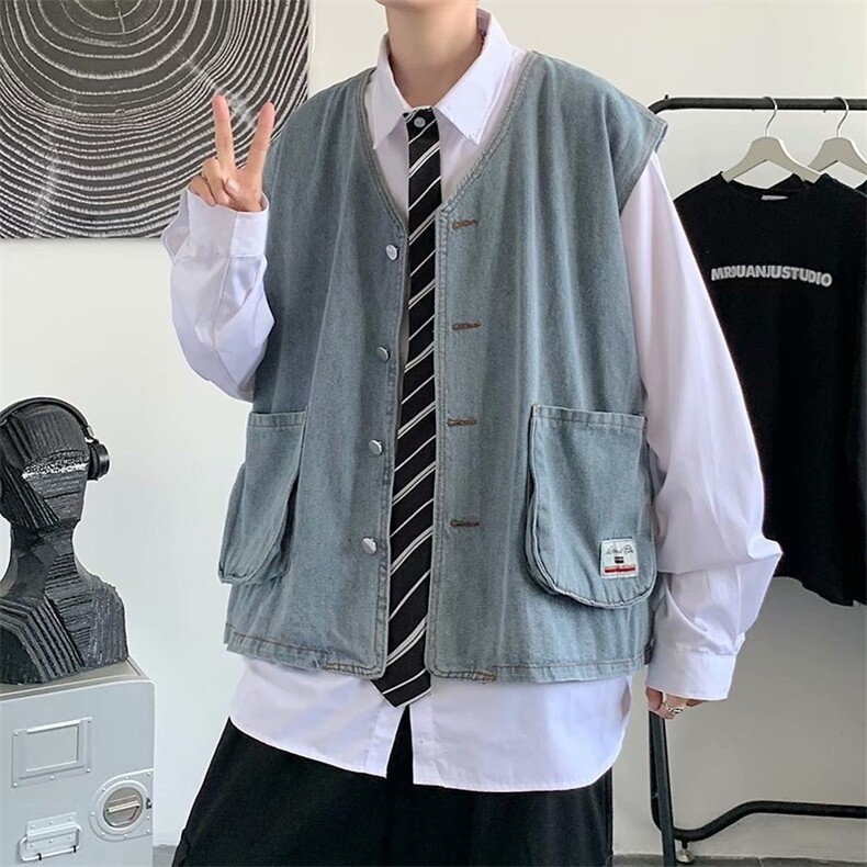 牛仔马甲男潮流坎肩外套百搭秋外穿oversize背心工装潮W5914-P50,男装背心/马甲,星座412-2