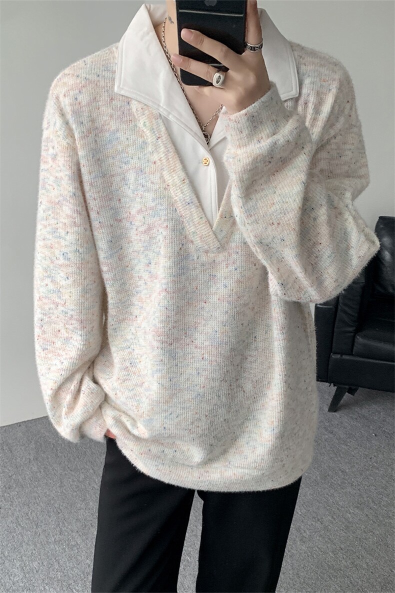 美式男士卫衣慵懒风彩点假两件翻领毛衣外衣宽松休闲针织衫,男装针织衫/毛衣,电商B319