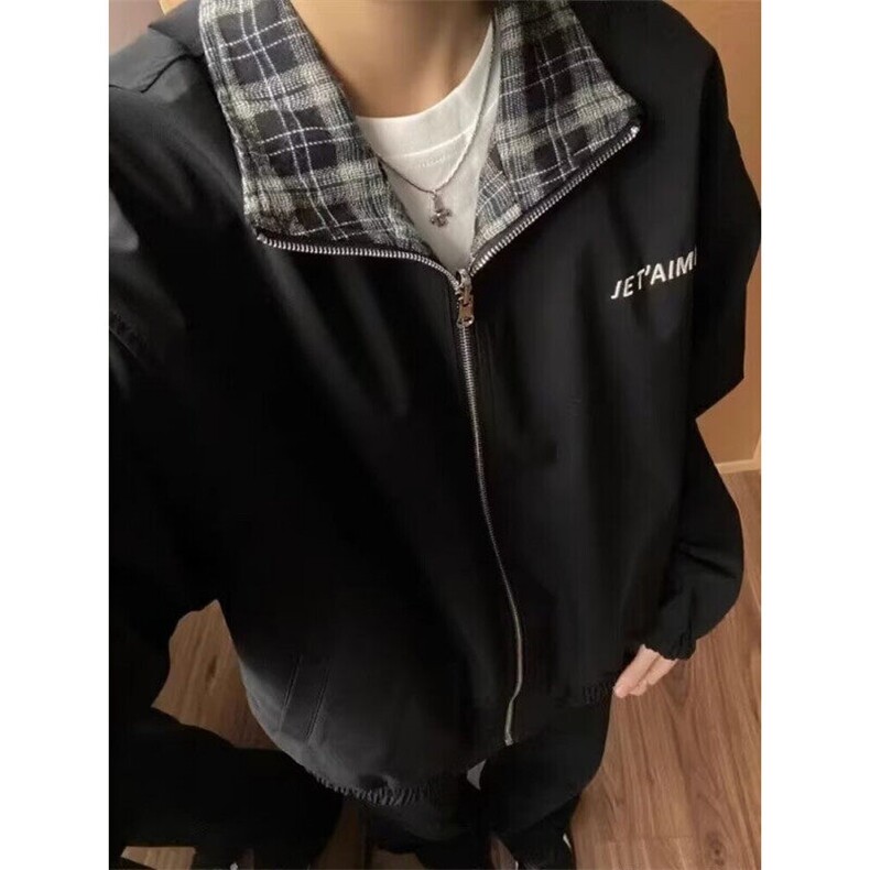 复古立领双面穿夹克男春秋宽松休闲百搭拉链格子外套J226，男装夹克，星座1116A（原606A-3）