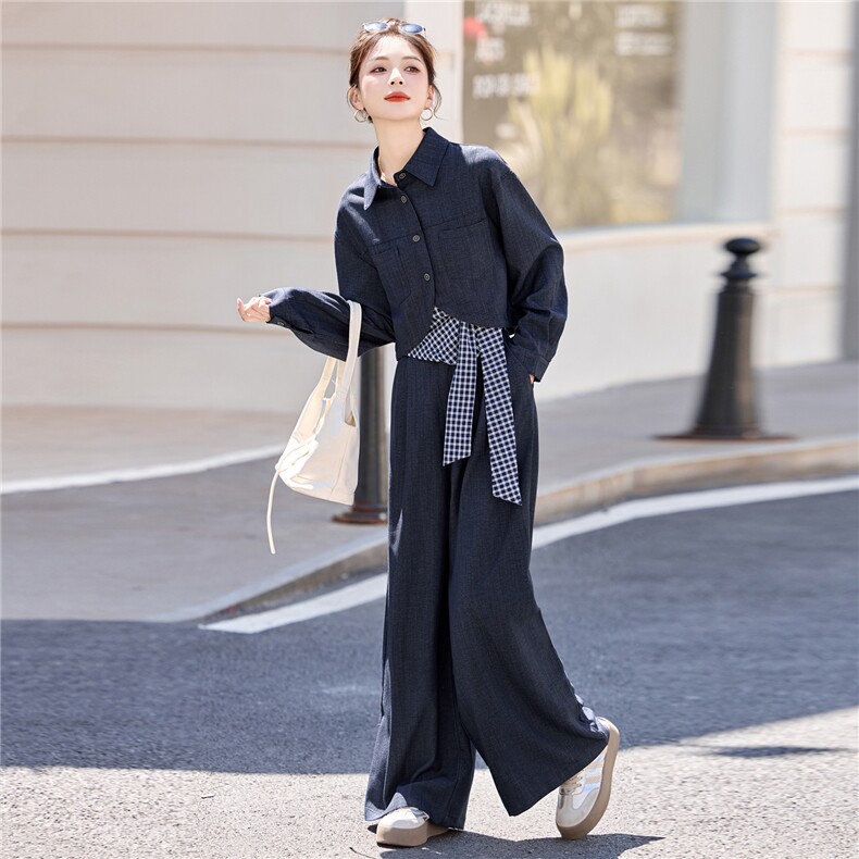 休闲时尚方格牛仔套装女2025年春秋新款高腰宽松显瘦阔腿裤三件套,女装套装/套裙,意芙