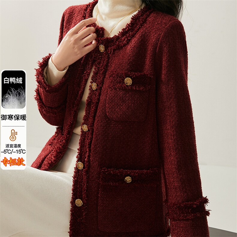 小香风外套女2025冬季新款白鸭绒洋气显瘦手工拉须毛边羽绒服外套,女装羽绒服,纪茹