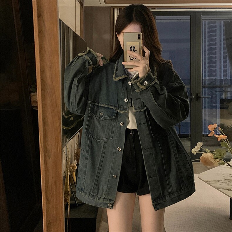牛仔做旧水洗毛边翻领牛仔外套女2025新款上衣秋春夹克C708-78图片