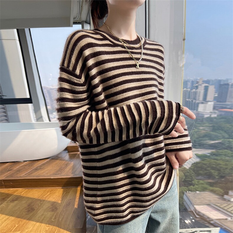 秋冬新款圆领条纹拼色100%纯羊毛衫女宽松慵懒羊绒衫上衣打底毛衣,女装羊毛衫,琳华羊绒
