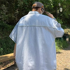 港风复古牛仔衬衫男款潮牌短袖衬衣宽松休闲工装薄外套CS03-P50，男装衬衫，星座308B-2