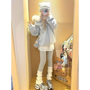 甜美学院慵懒风蓬松毛领连帽开衫卫衣女秋冬新款时尚简约百搭外套图片