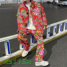 Z01情侣东北大花风民族风特色棉衣加绒裤套装大码男女土潮装，男装棉衣，星座115A(原星座507）