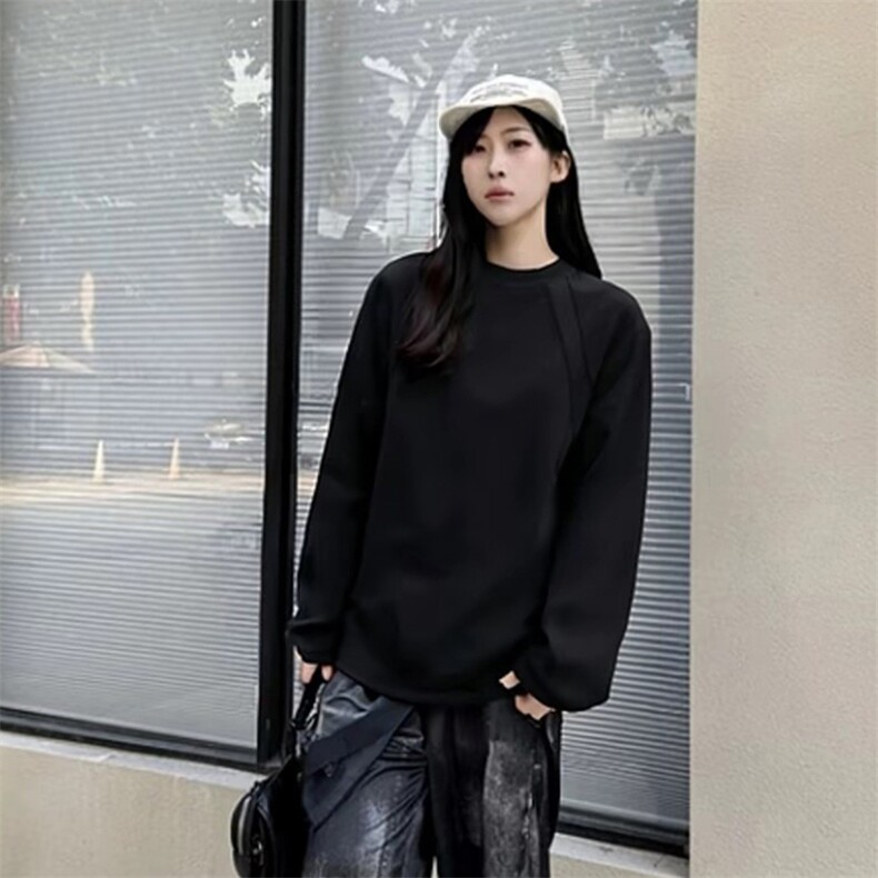 抖音得物品质26春装美式高街曼巴棉螺纹拼接卫衣圆领长袖T恤YT164,男装T恤,电商A486